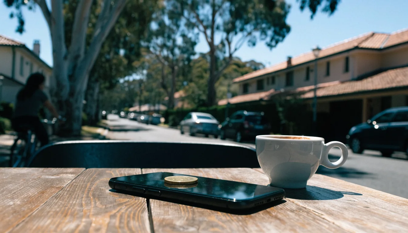 Single one-dollar coin on a smartphone at an outdoor café in Australia.