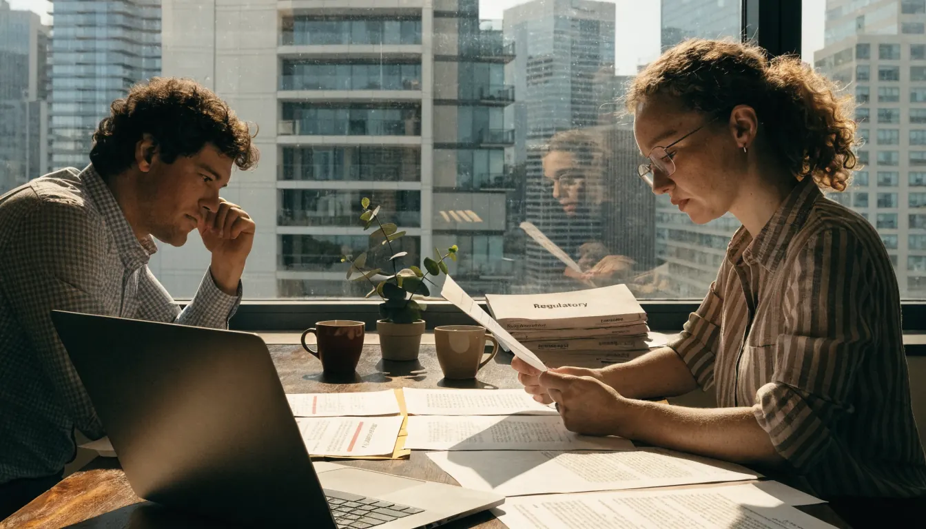 Australian editorial team reviewing casino review documents at a sunlit office desk.