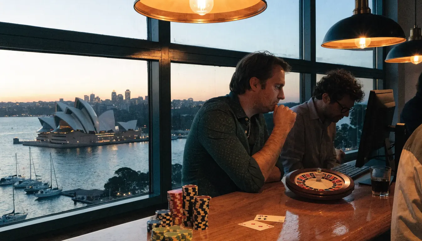 Casino chips and cards on a bar counter with Sydney Harbour view at dusk