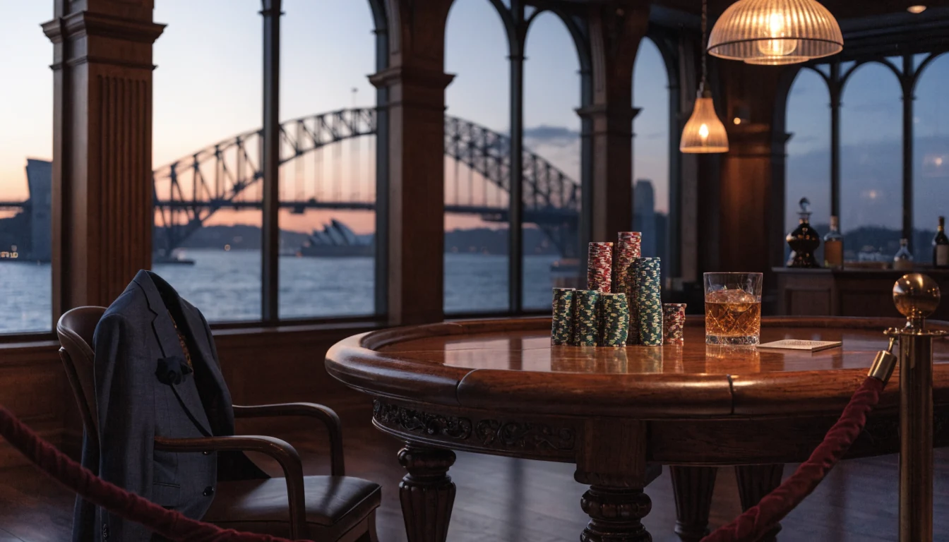 Luxury casino lounge with high-stakes chips, whiskey, and Sydney Harbour view