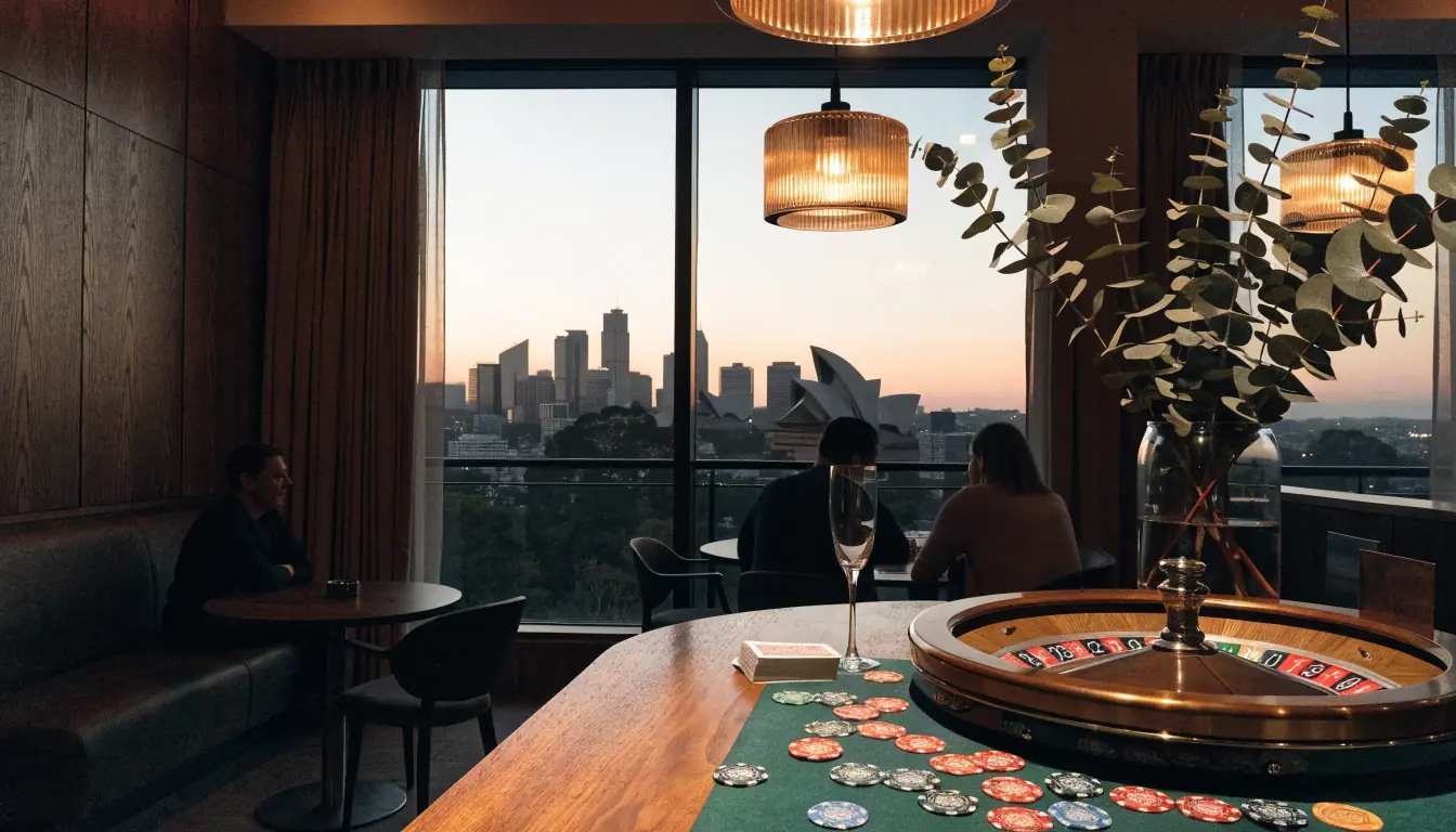 Australian casino lounge with roulette wheel and chips at dusk
