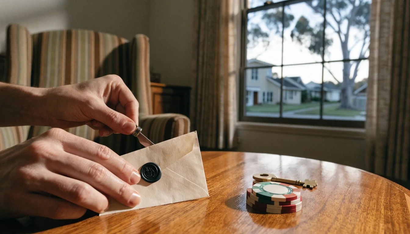 Envelope opened on table with golden key and casino chips