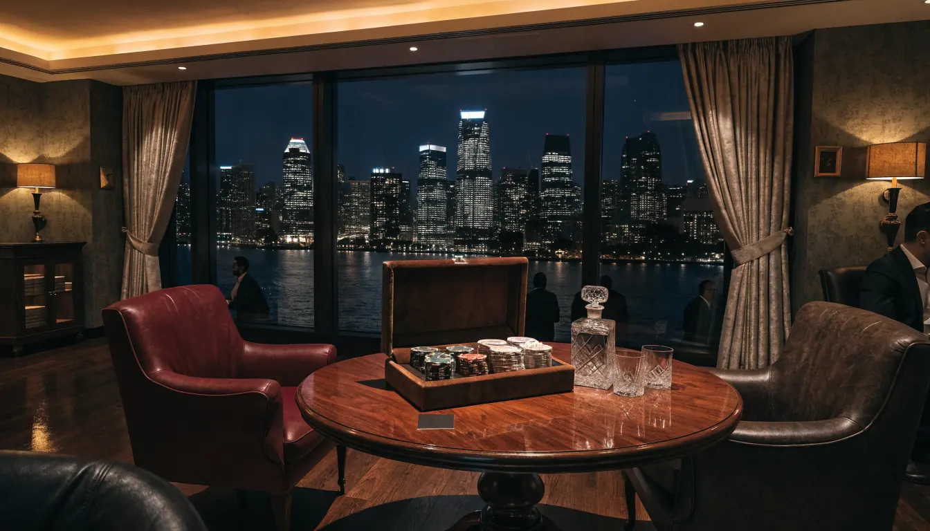 Luxurious Sydney VIP casino lounge at night with harbour view