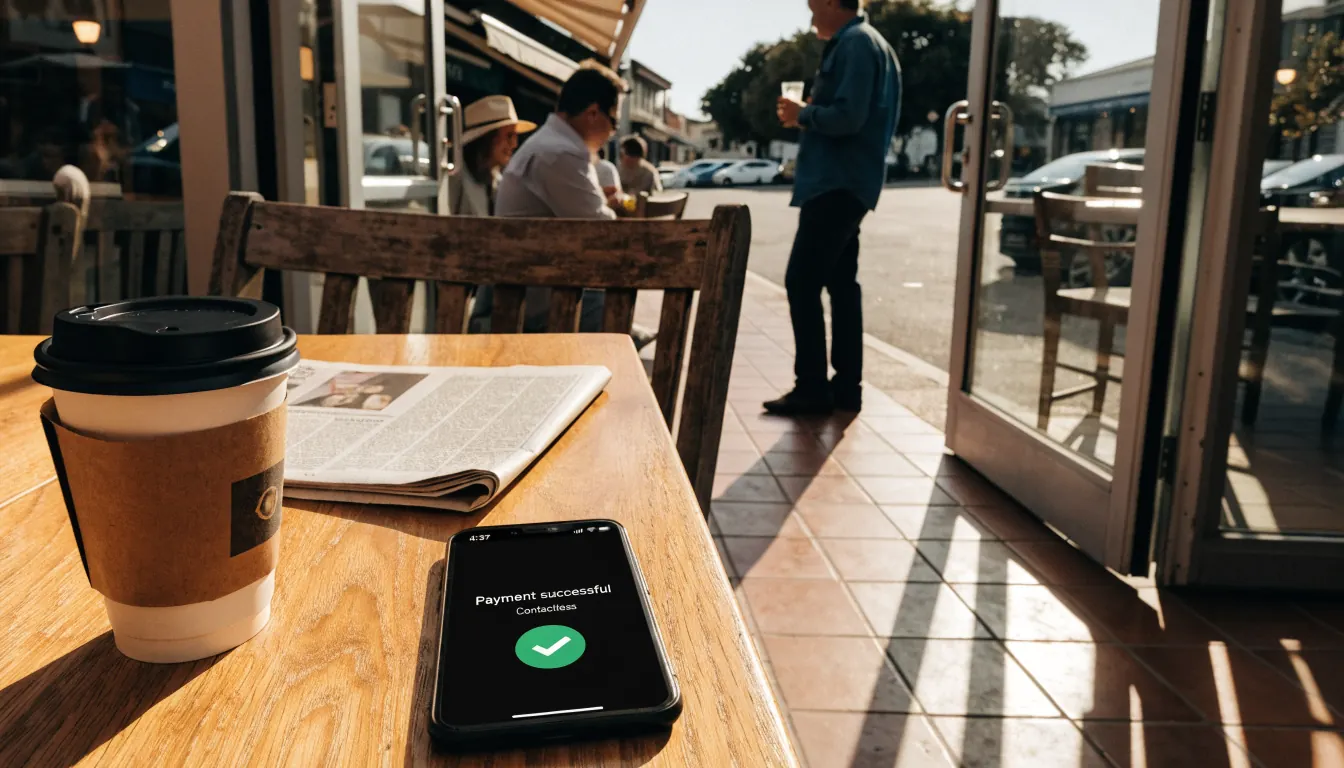 Smartphone contactless payment confirmation on a café table in Australia