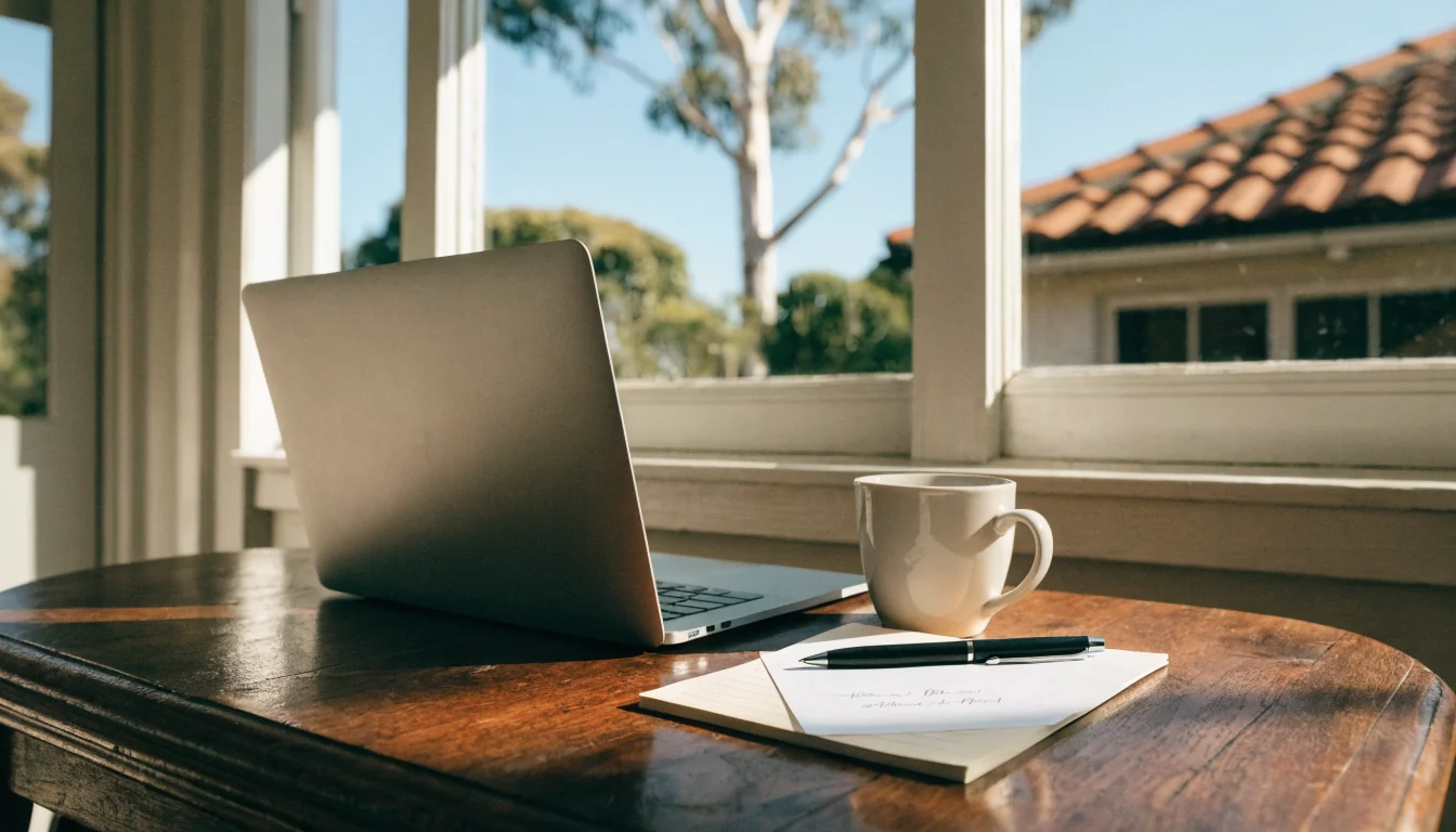 Email contact setup on a sunlit Australian veranda desk with eucalyptus view.