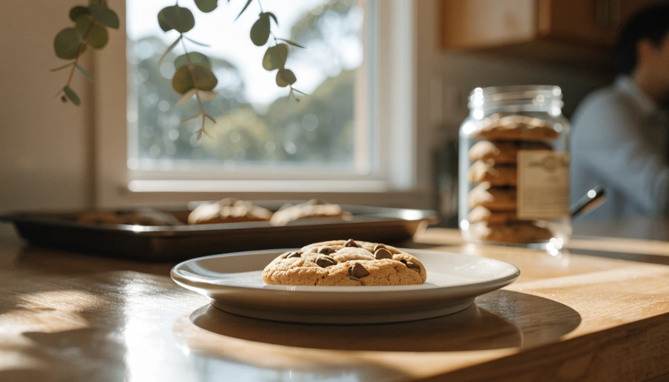 Chocolate chip cookie on a plate in a bright Australian kitchen.