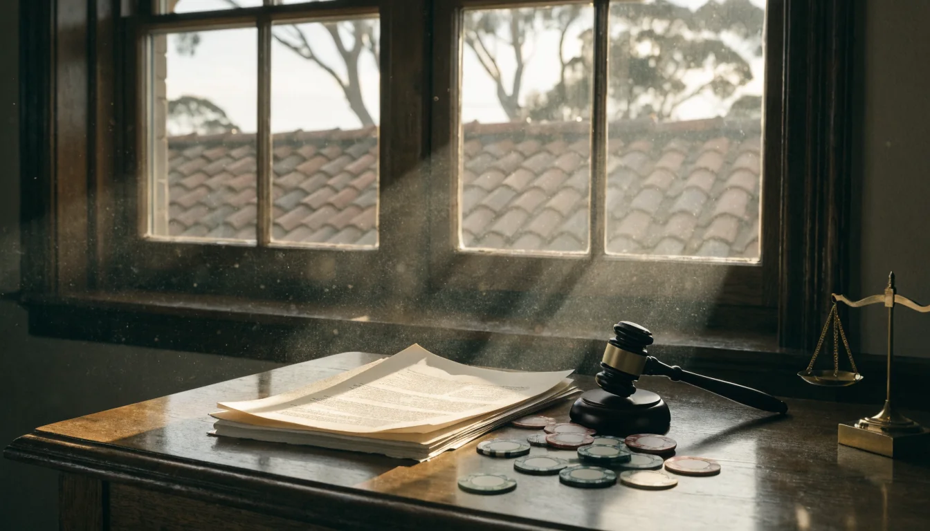 Judge's gavel, legal documents, and casino chips on a desk, Australian eucalyptus trees outside window.