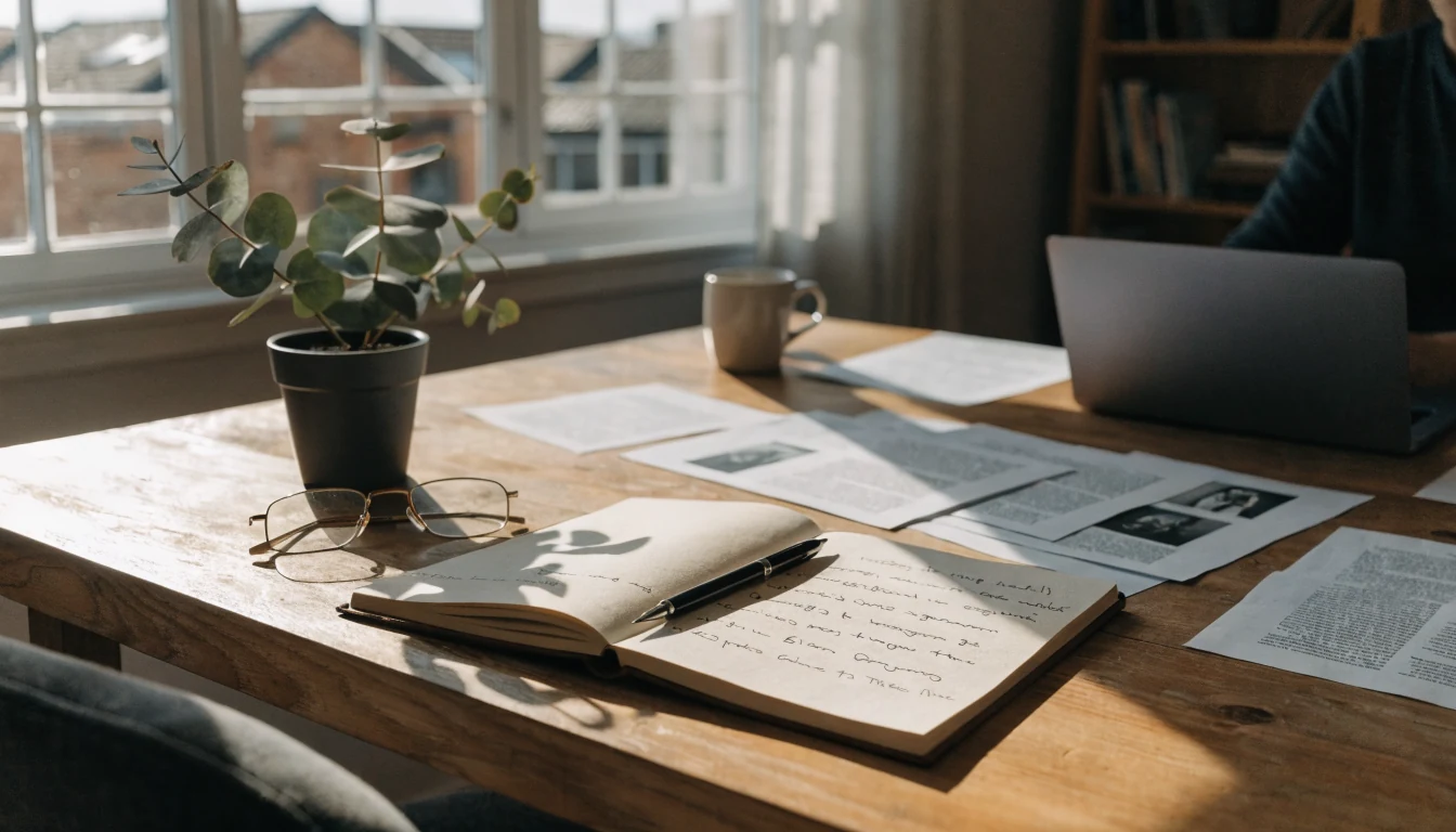 Australian home office desk with notebook, fountain pen, eucalyptus plant, and a closed laptop representing an independent publication's editorial work.