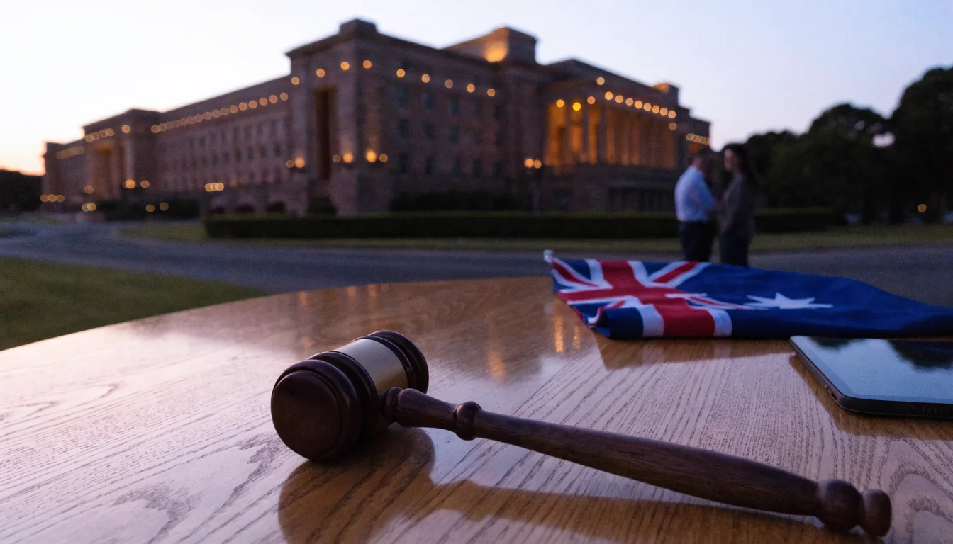 Australian Parliament building at dusk with a gavel and flag on a table