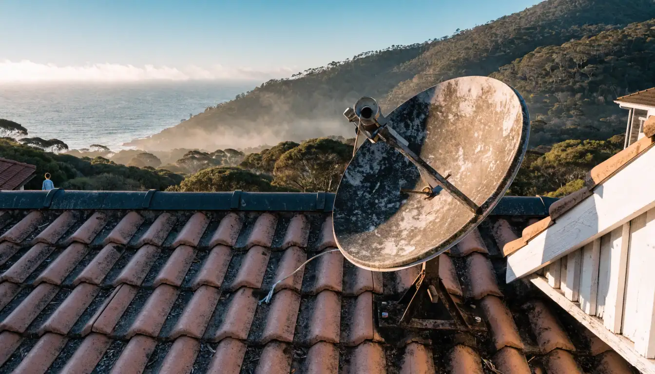 Weathered satellite dish on Australian coastal rooftop at dawn