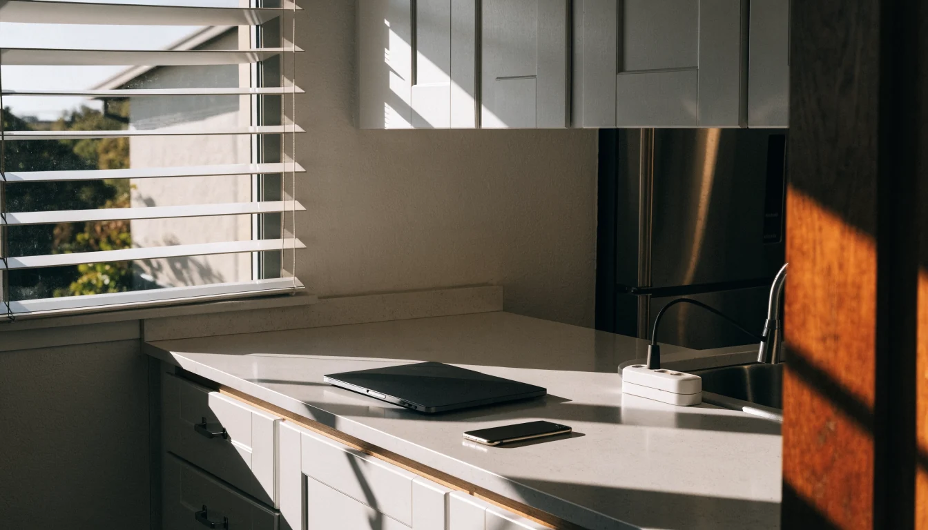 Closed laptop and face-down phone on Australian kitchen counter