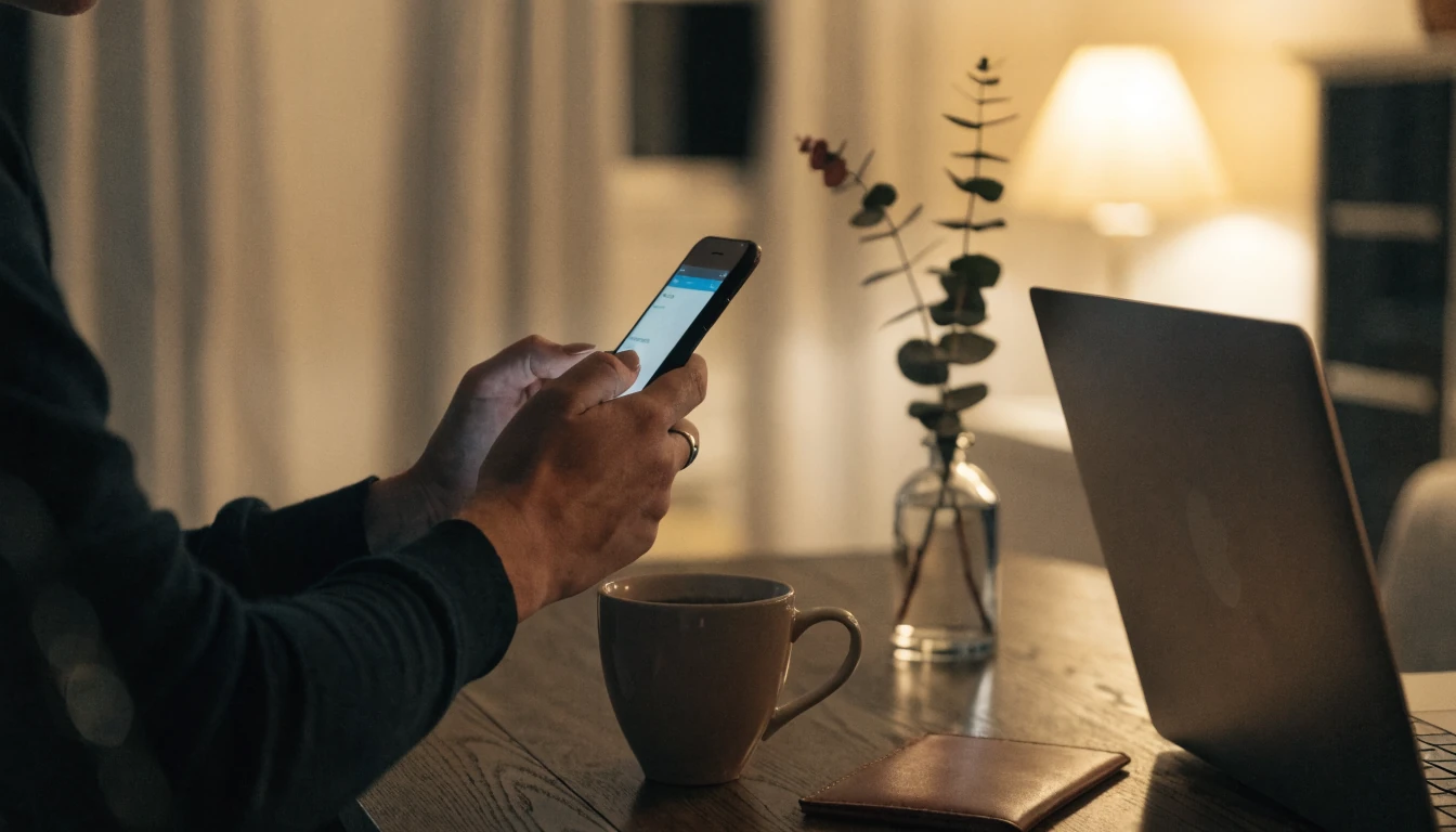 Hands holding a smartphone next to a laptop on a desk in a modern Australian apartment.