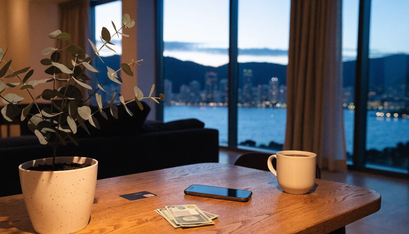 Australian apartment interior with smartphone, bank card, and city skyline view at dusk