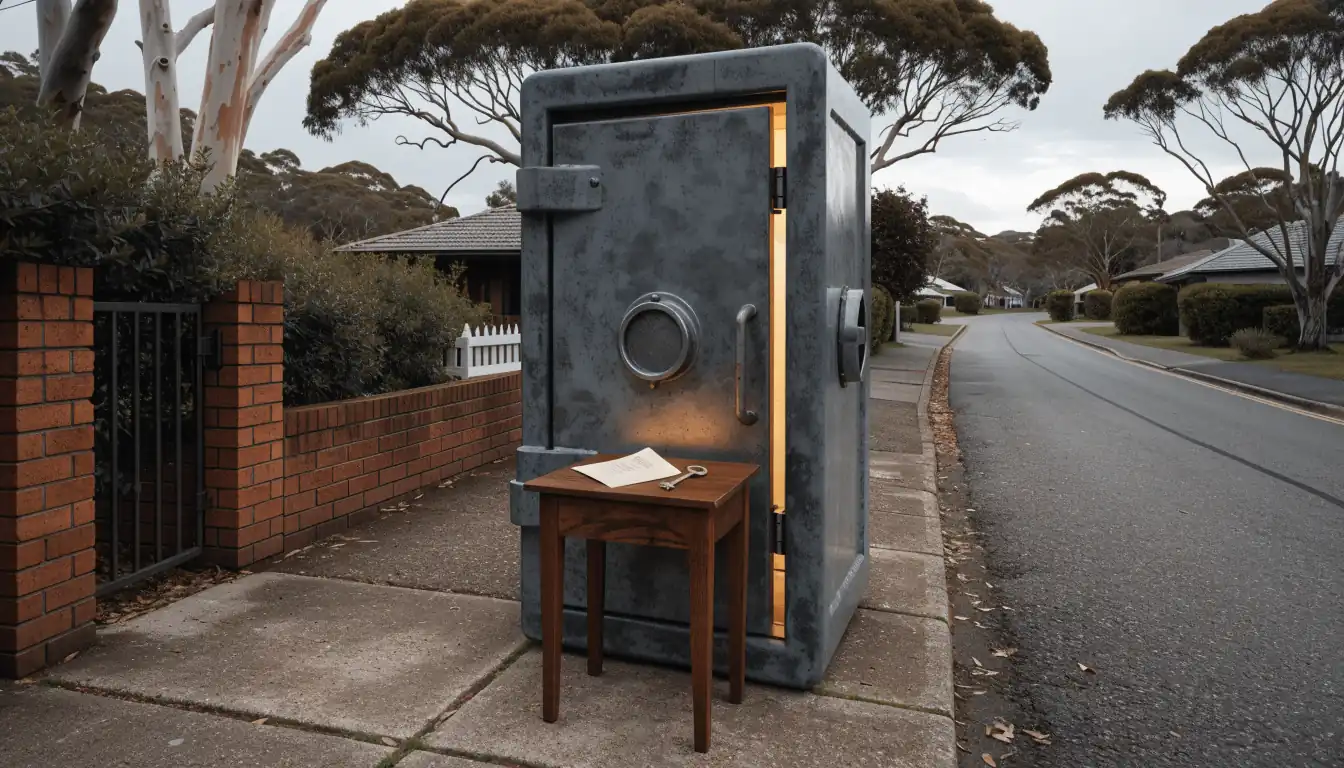 Steel vault on a suburban Australian street with a letter and key inside