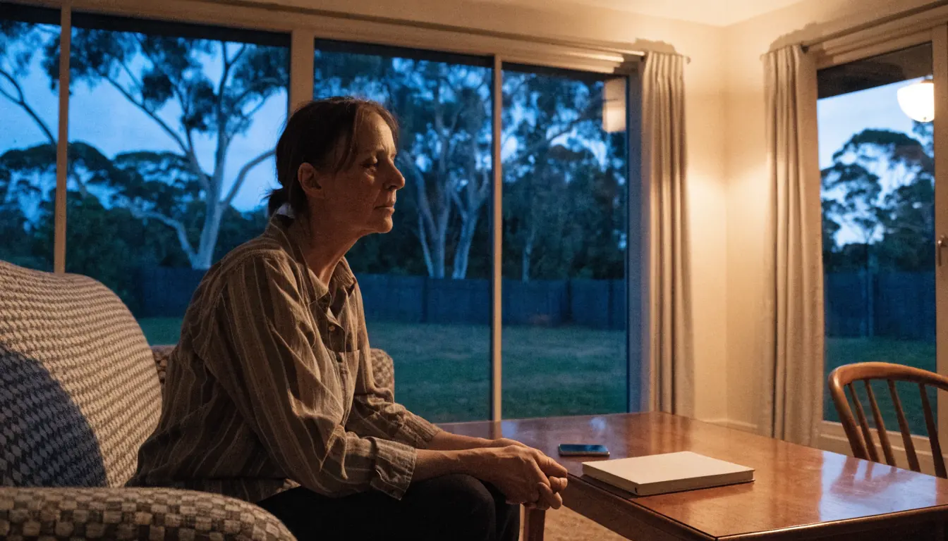 Woman reflecting quietly in an Australian suburban living room at dusk, phone face-down beside a notebook.