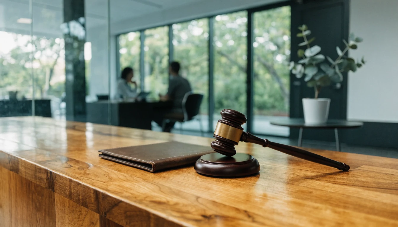 Wooden gavel on a polished bench with a leather document folder in a modern office with a eucalyptus plant.