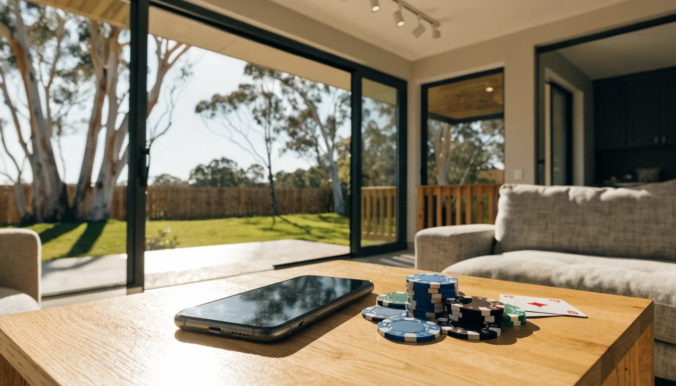 Smartphone, poker chips and cards on a coffee table in a sunlit Australian home.